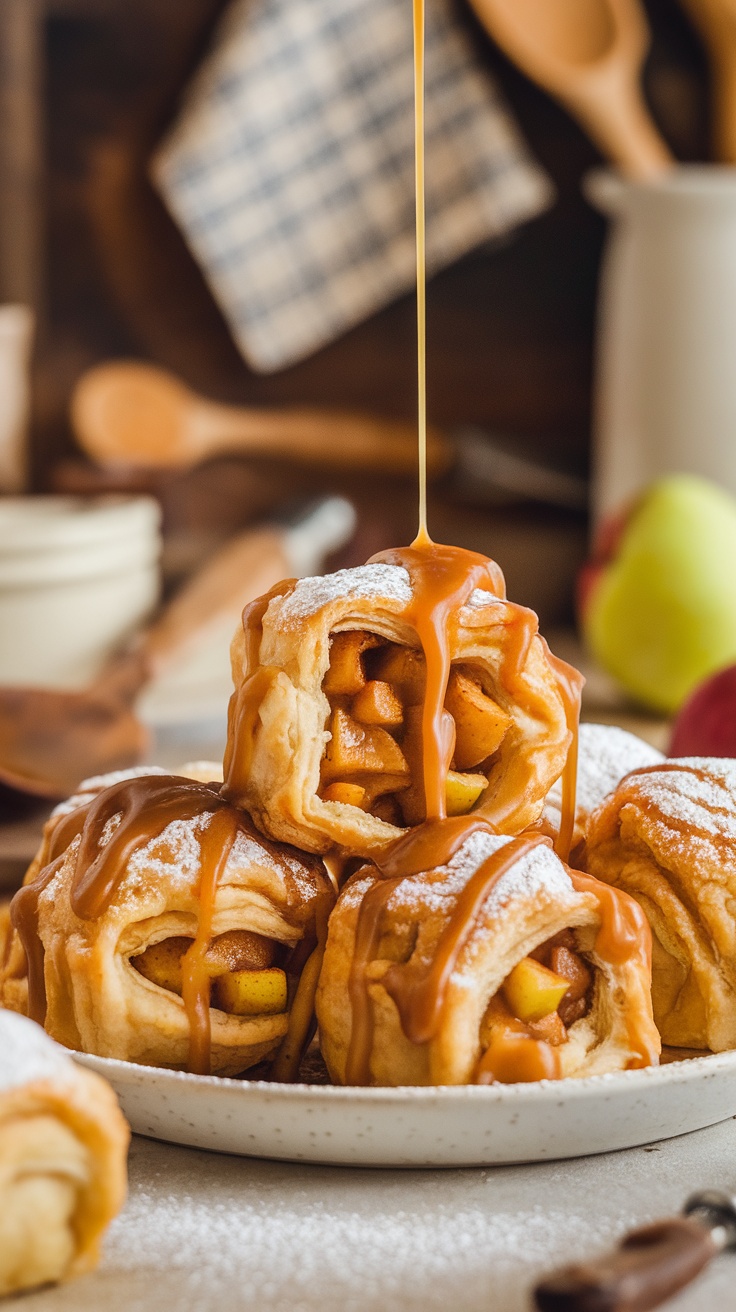 Golden air fryer apple pie bombs on a plate, dusted with powdered sugar and drizzled with caramel sauce.